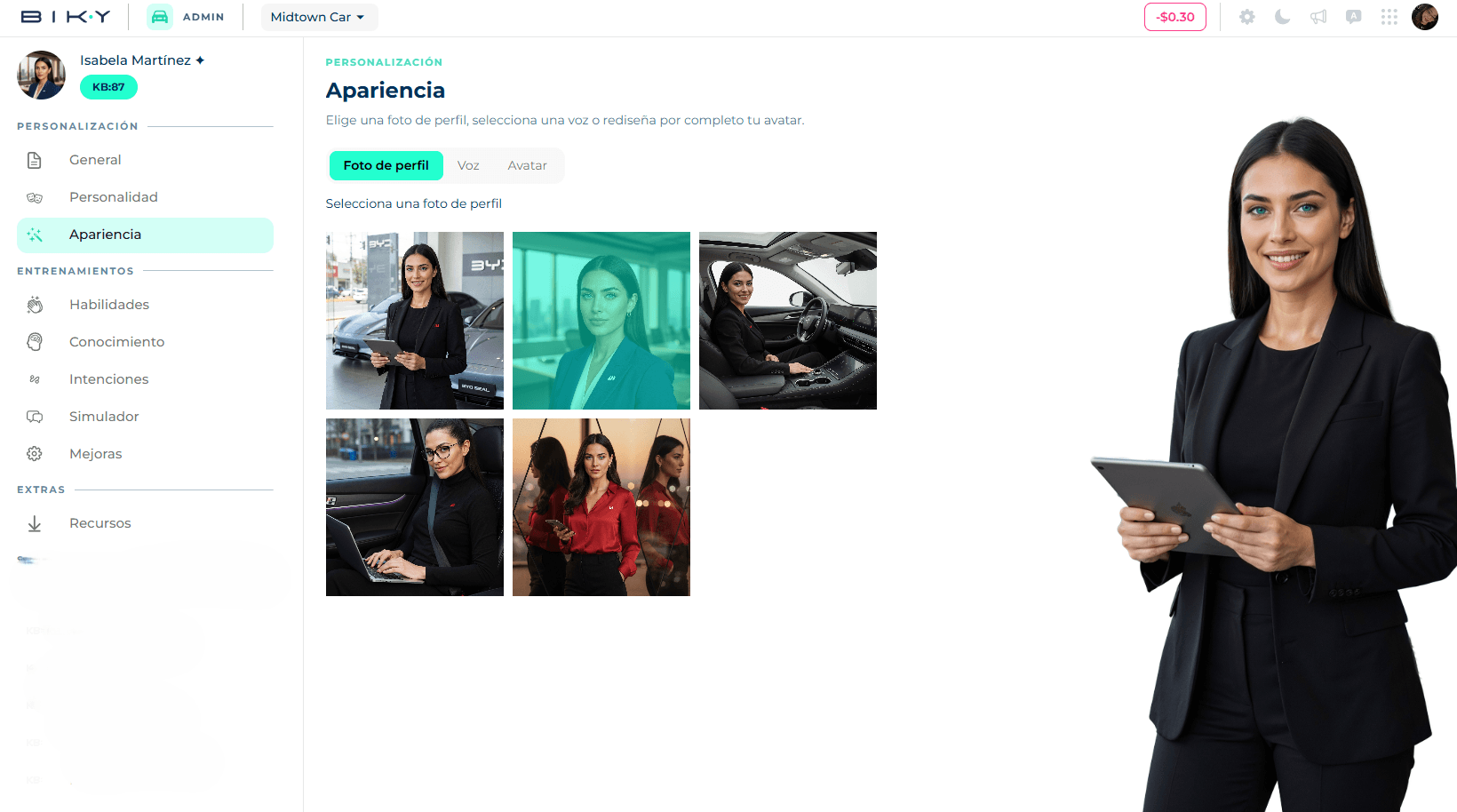 Appearance screen with the Avatar, Profile picture and Voice tabs, and the current avatar on the right