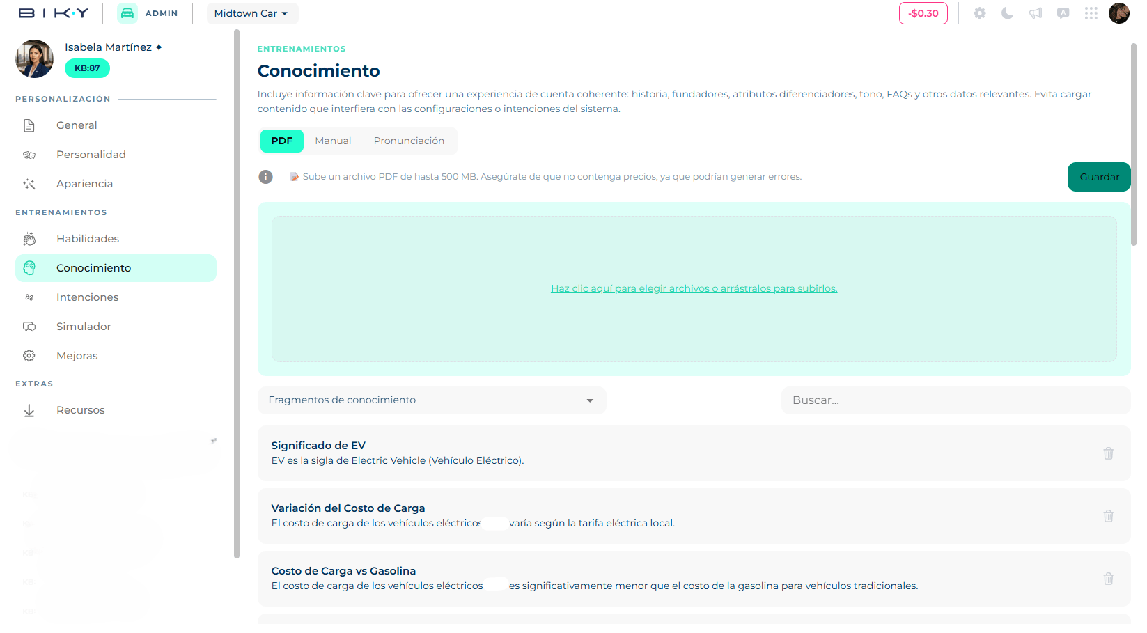 Knowledge screen with the PDF, Manual and Pronunciation tabs