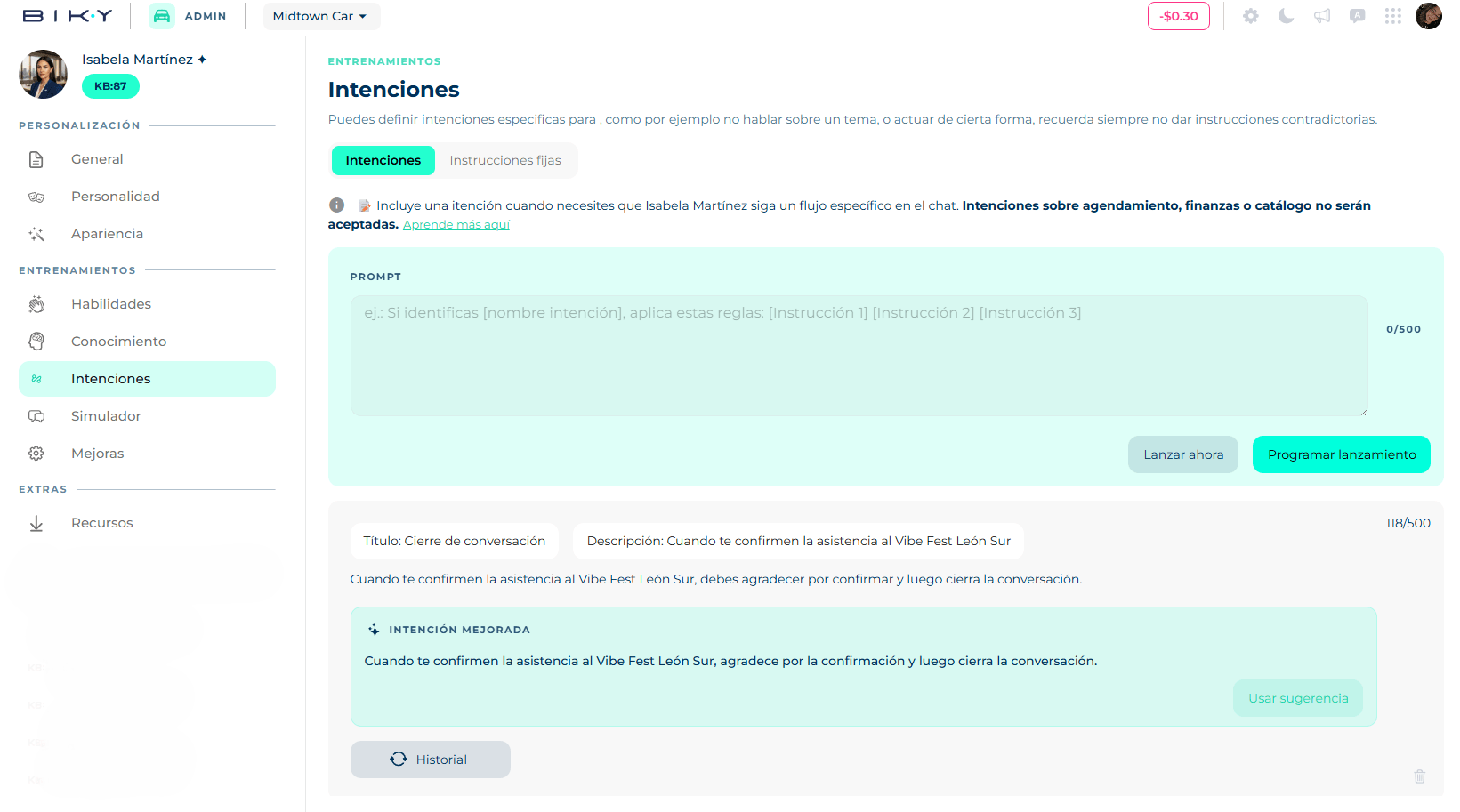 Intentions screen with the prompt editor, the Launch now and Schedule launch buttons, and the list of created intentions