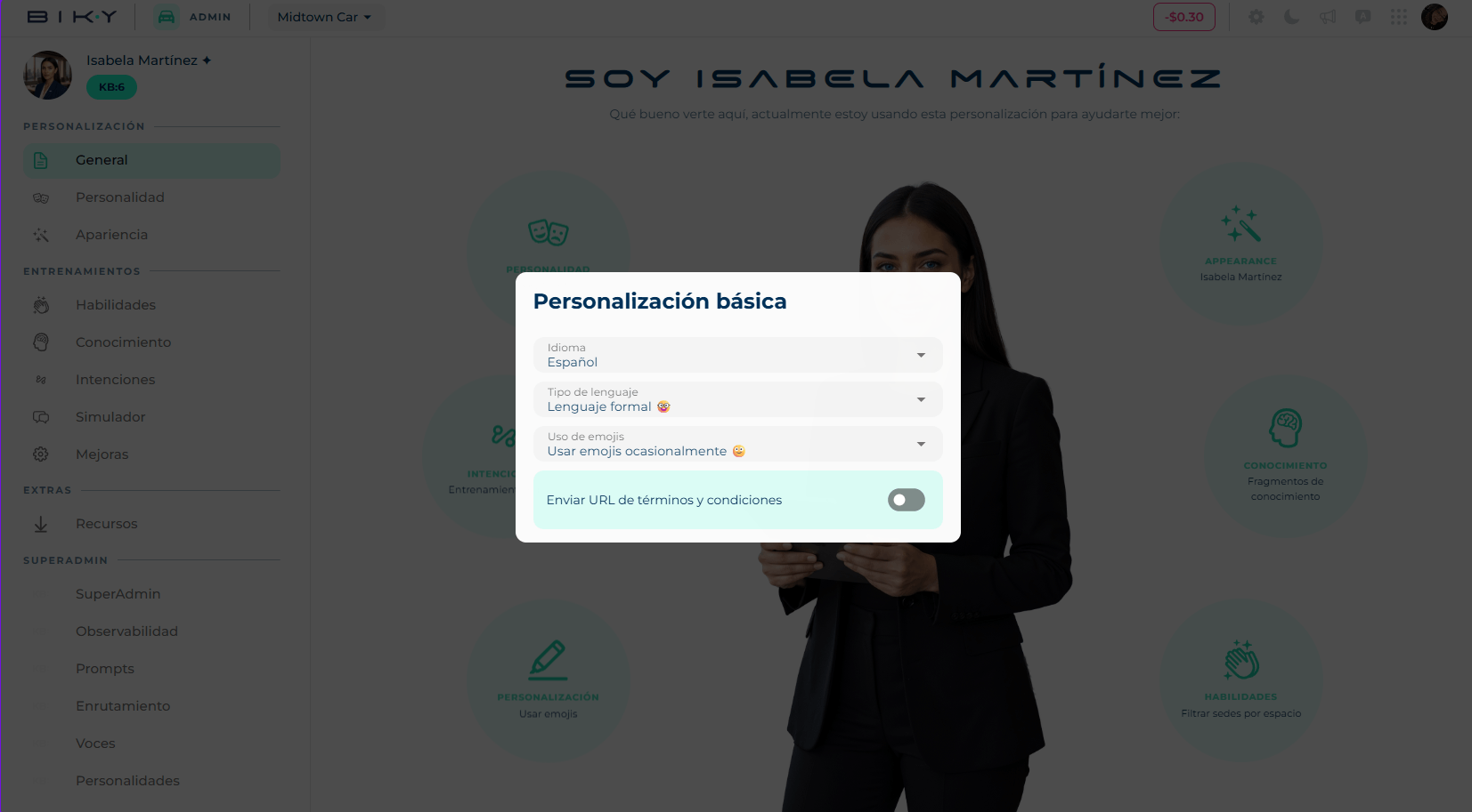 Basic personalization card with Language, Language type, Emoji usage and the terms and conditions switch