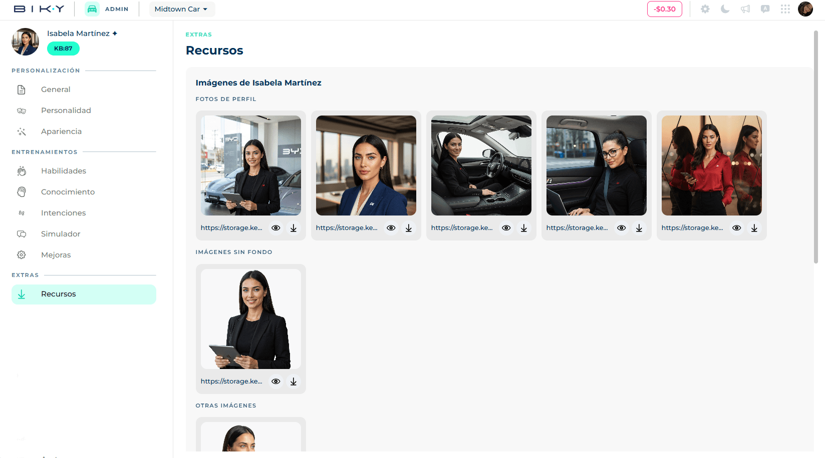 Resources screen with galleries of profile pictures, background-free images, other images and avatar videos