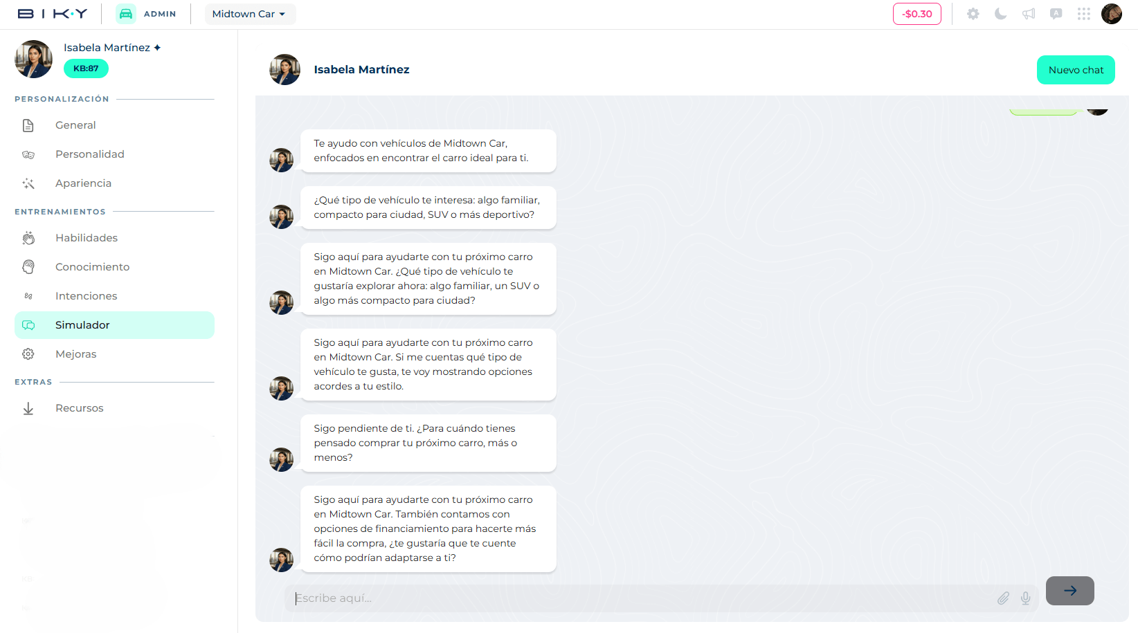 Chat simulator with suggested opening messages and the input box