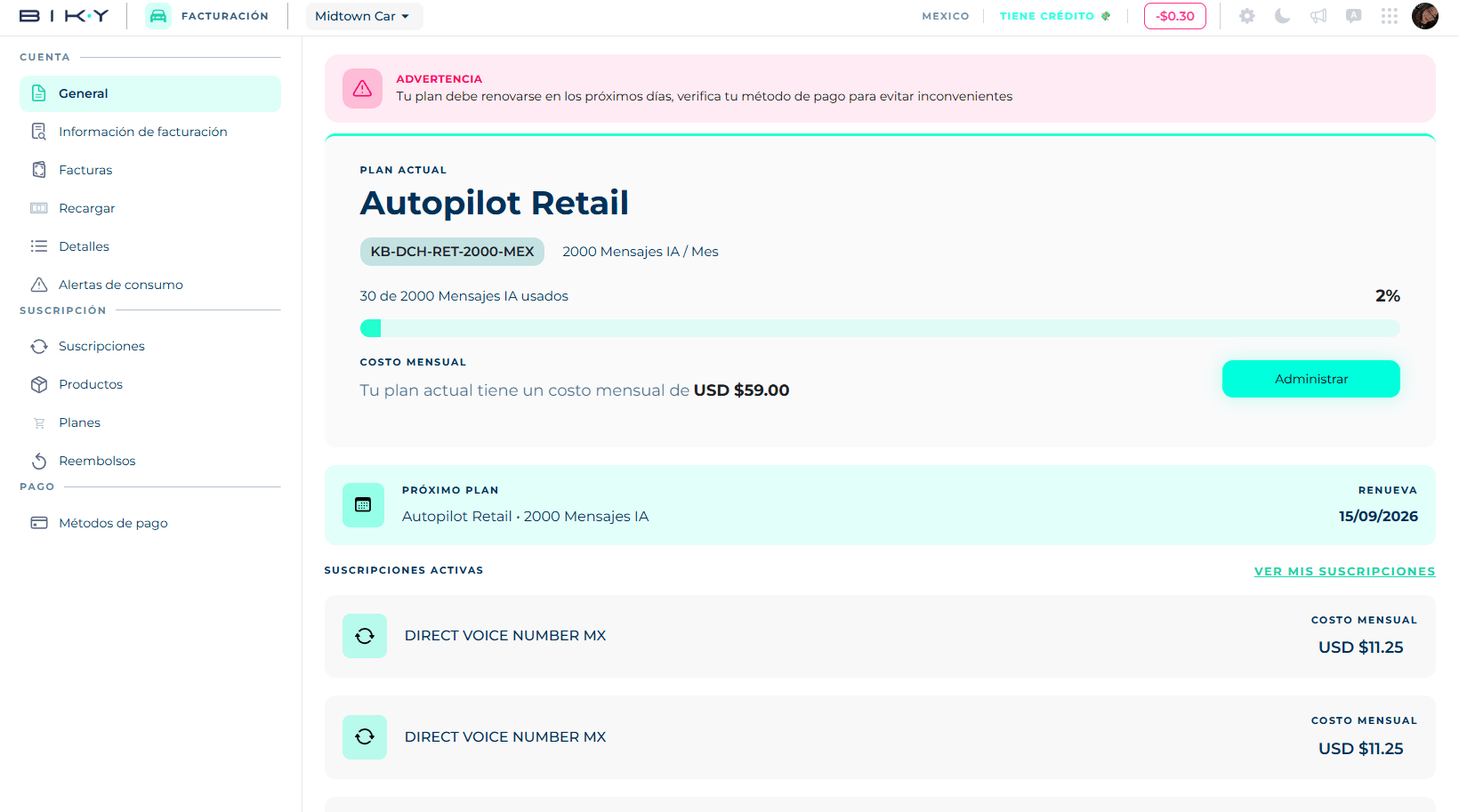 Billing General screen with the current plan, chat consumption and monthly cost