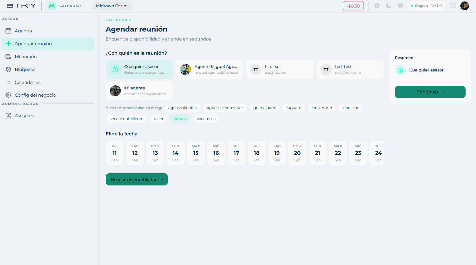 Book meeting screen with advisor selection, tags, the date strip and the summary on the right