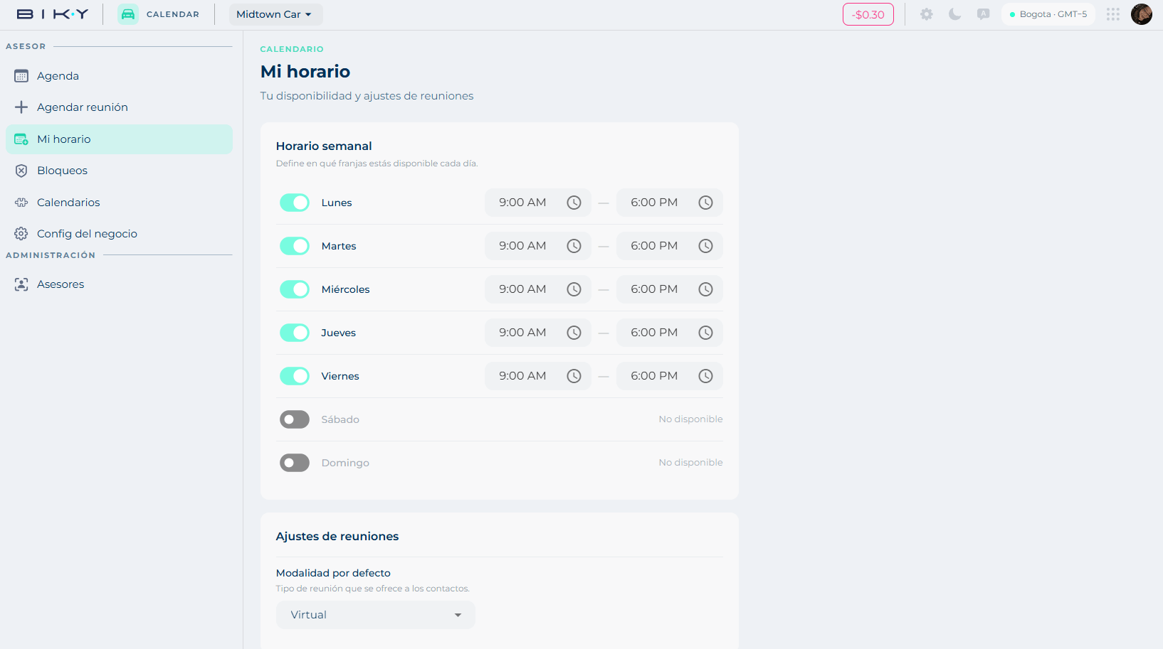 My schedule screen with the weekly schedule per day and the meeting settings