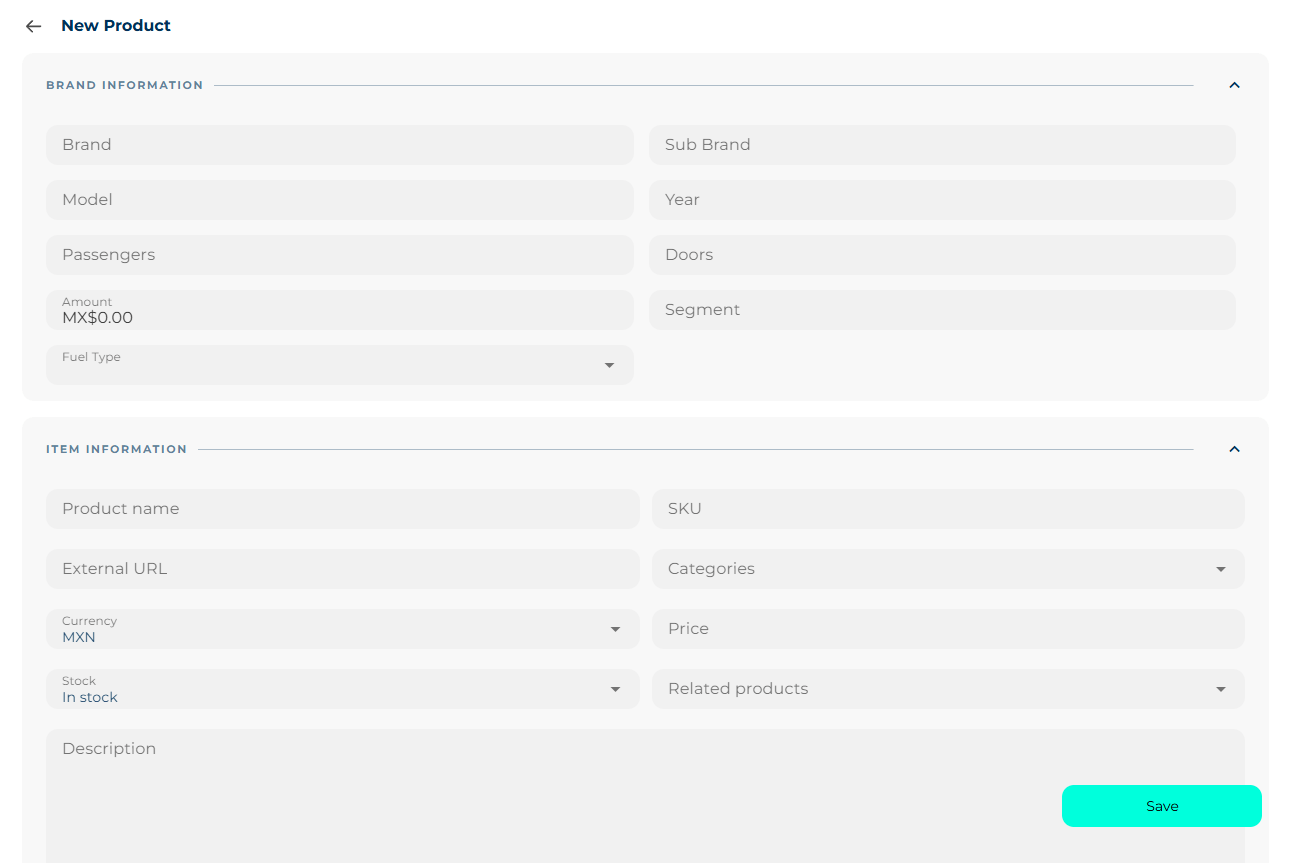 Product form with the Item information, Media, Promotions and discounts, and Variations sections