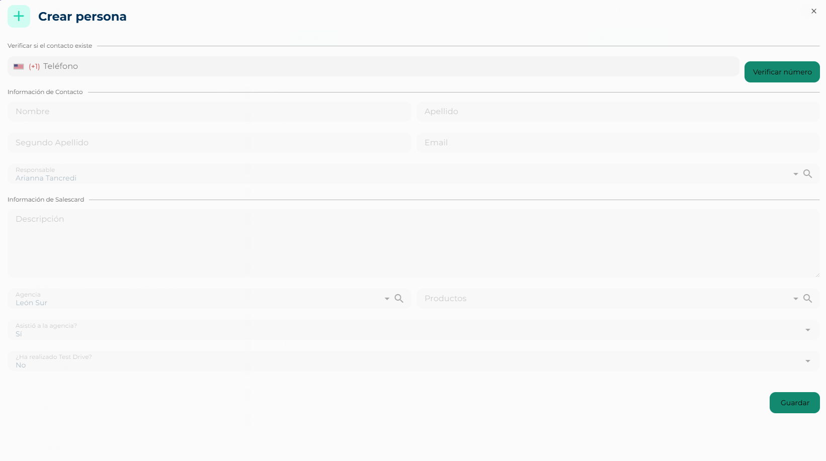 Full-screen Create person form with the phone check, the contact information and the SalesCard information