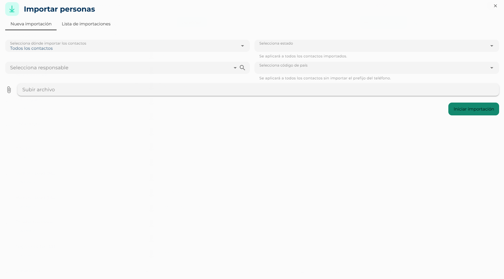 Import people wizard, step 1, with where to import, status, owner, country code and the file