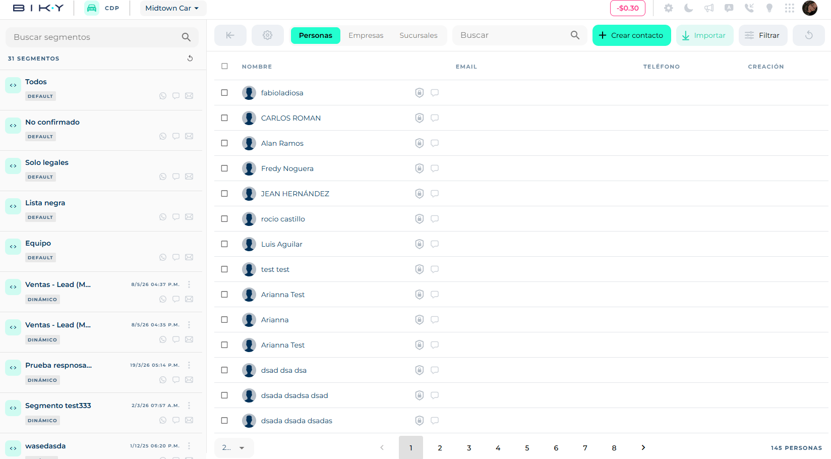 CDP screen with the segment list on the left, the header with tabs and actions, and the contacts table