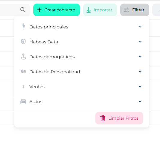 CDP filter panel with the groups Primary data, Habeas Data, Demographic data, Personality data, Sales and the account category group