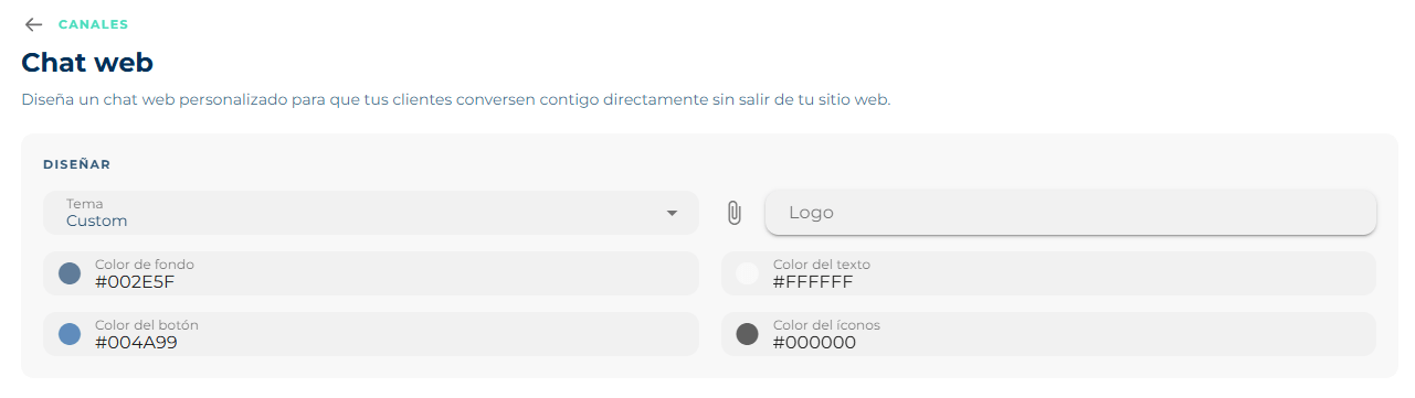 Web chat Design block with Theme set to Custom, Logo and the background, text, button and icon color fields