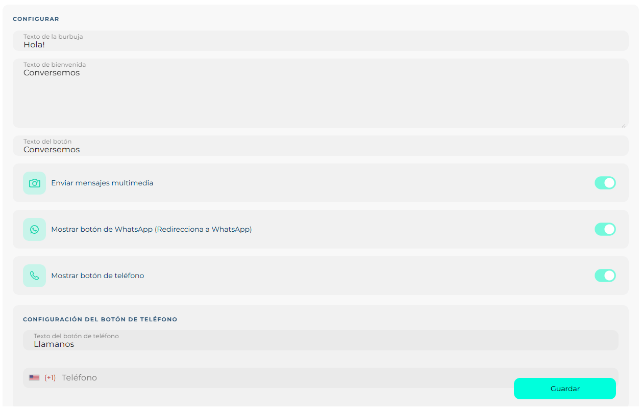 Web chat Configure block with bubble, welcome and button texts, and the media, WhatsApp and phone switches