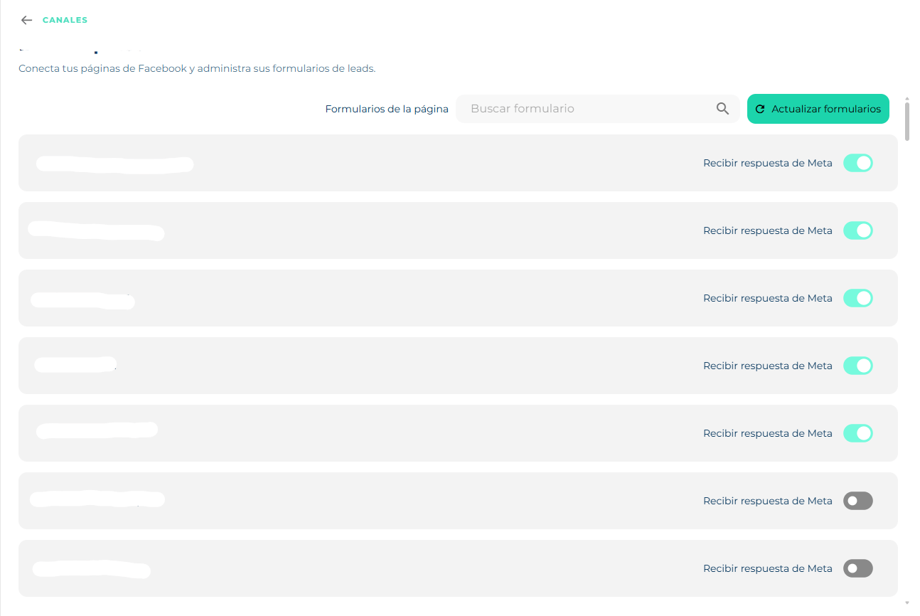 List of a page's forms with the search box, the Refresh forms button and the Receive response from Meta switch on each
