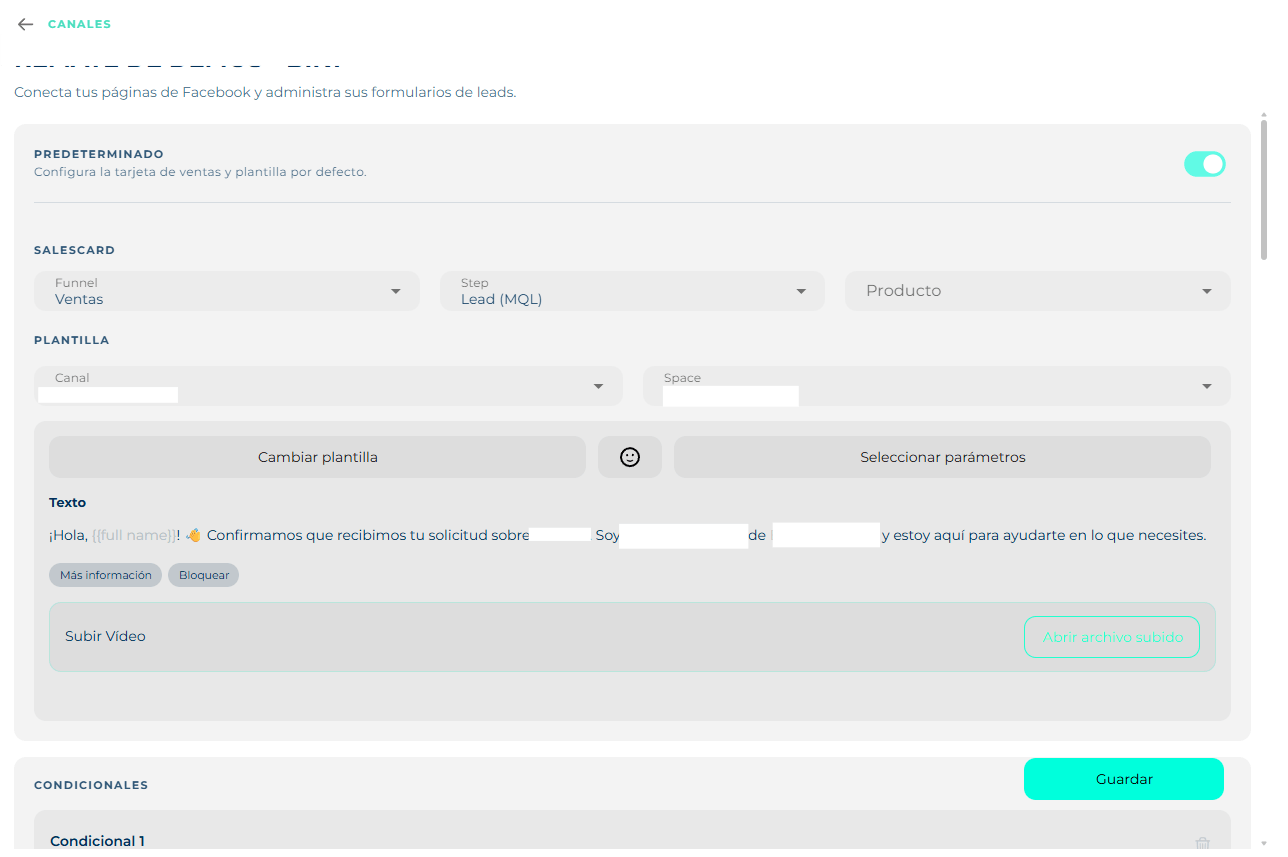 A form's configuration with the Default block, the SalesCard with funnel, step and product, and the template with channel, space and text