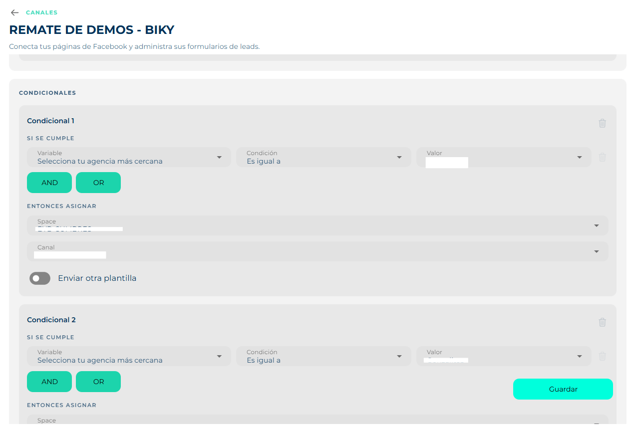 A form's conditionals with Variable, Condition and Value, the AND and OR buttons, and the Then assign block with space and channel