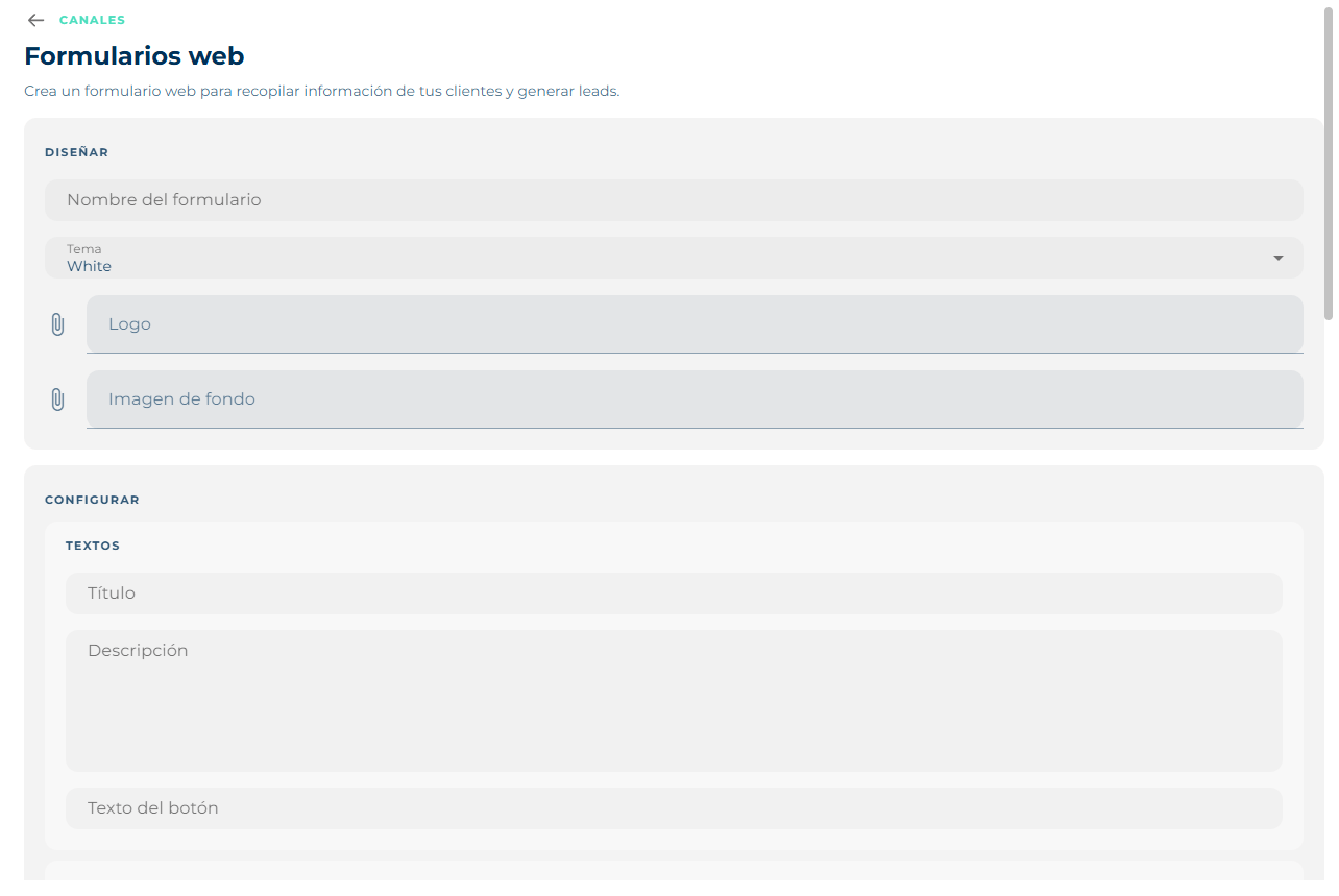 Web forms screen with Design — name, theme, logo and background image — and the title, description and button texts