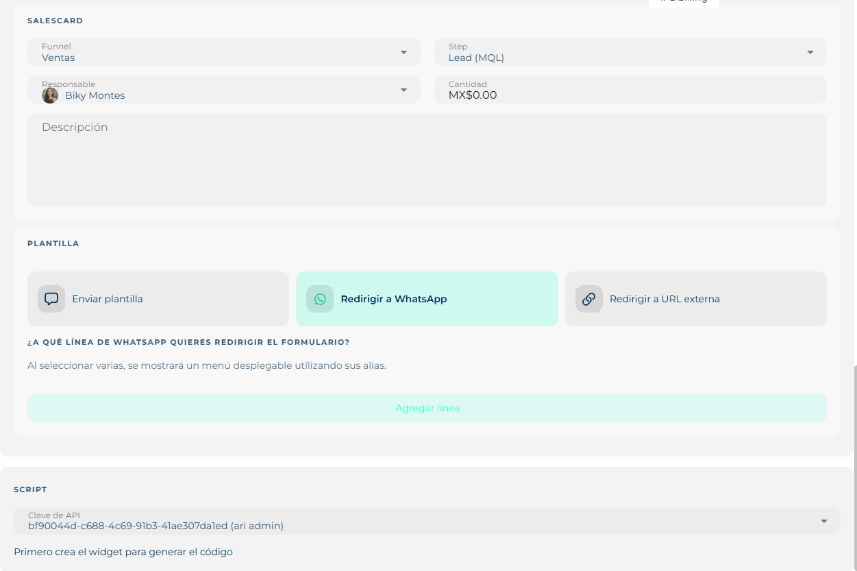 SalesCard and the web form's Template block with Send template, Redirect to WhatsApp and Redirect to external URL, and the Script block with the API key
