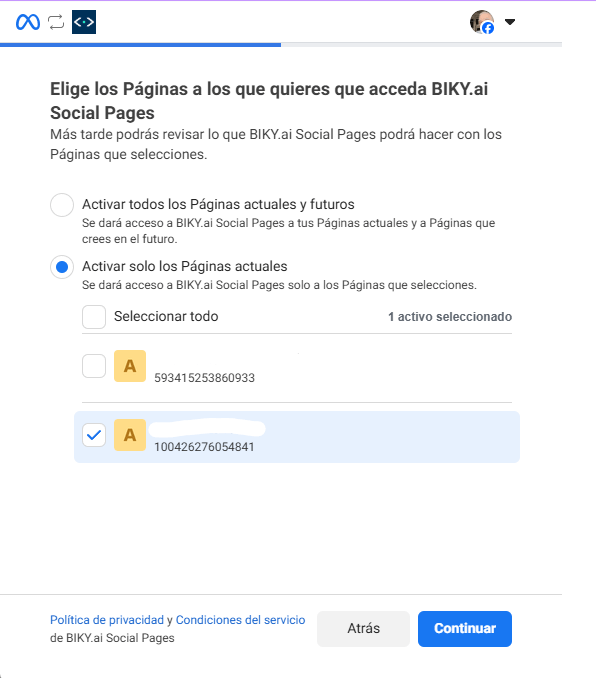 Meta window asking which pages BIKY.ai Social Pages can access, with the options for all or only the current ones