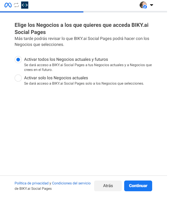 Meta window asking which businesses BIKY.ai Social Pages can access