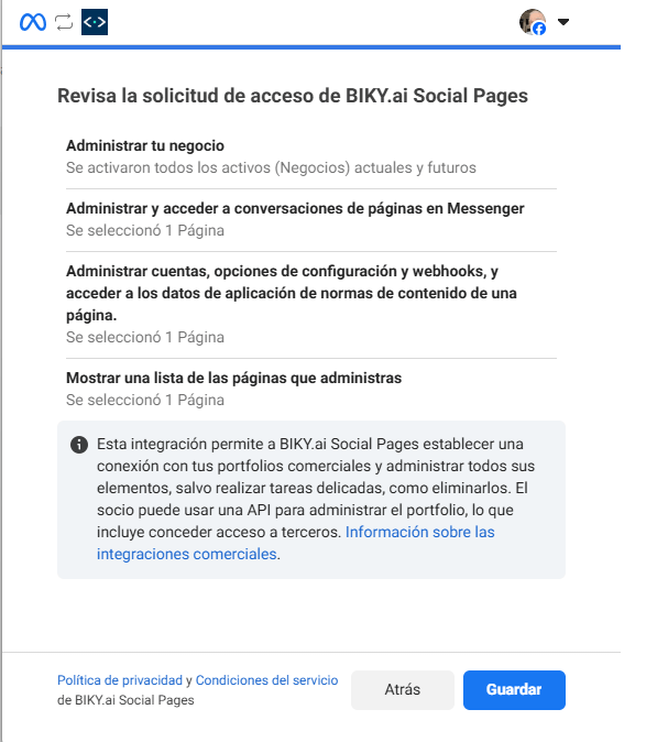 Meta review screen listing the permissions BIKY.ai Social Pages requests