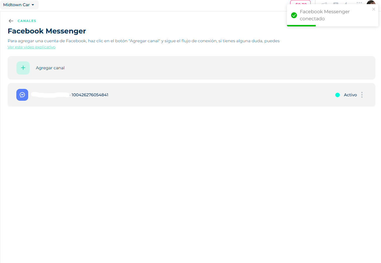 Facebook Messenger connected notice and the page in the list with Active status