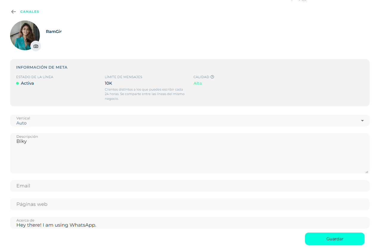 Line details screen with Meta's information, the vertical, the description, the email, the websites and the about