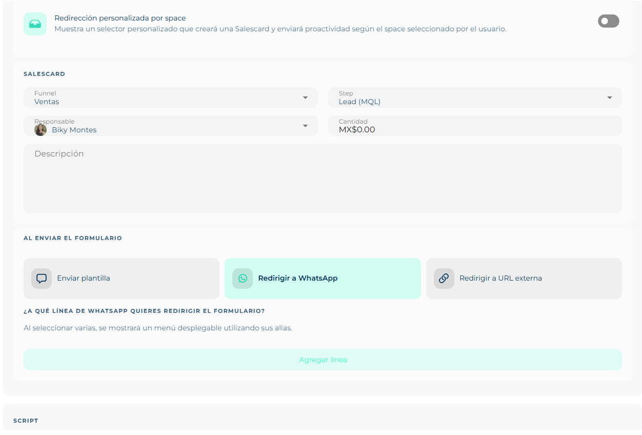Custom redirect by space, the SalesCard block and the three On form submit options with the WhatsApp line selector