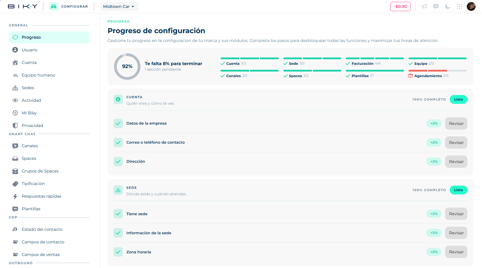 Configuration progress screen with the completed percentage and pending sections