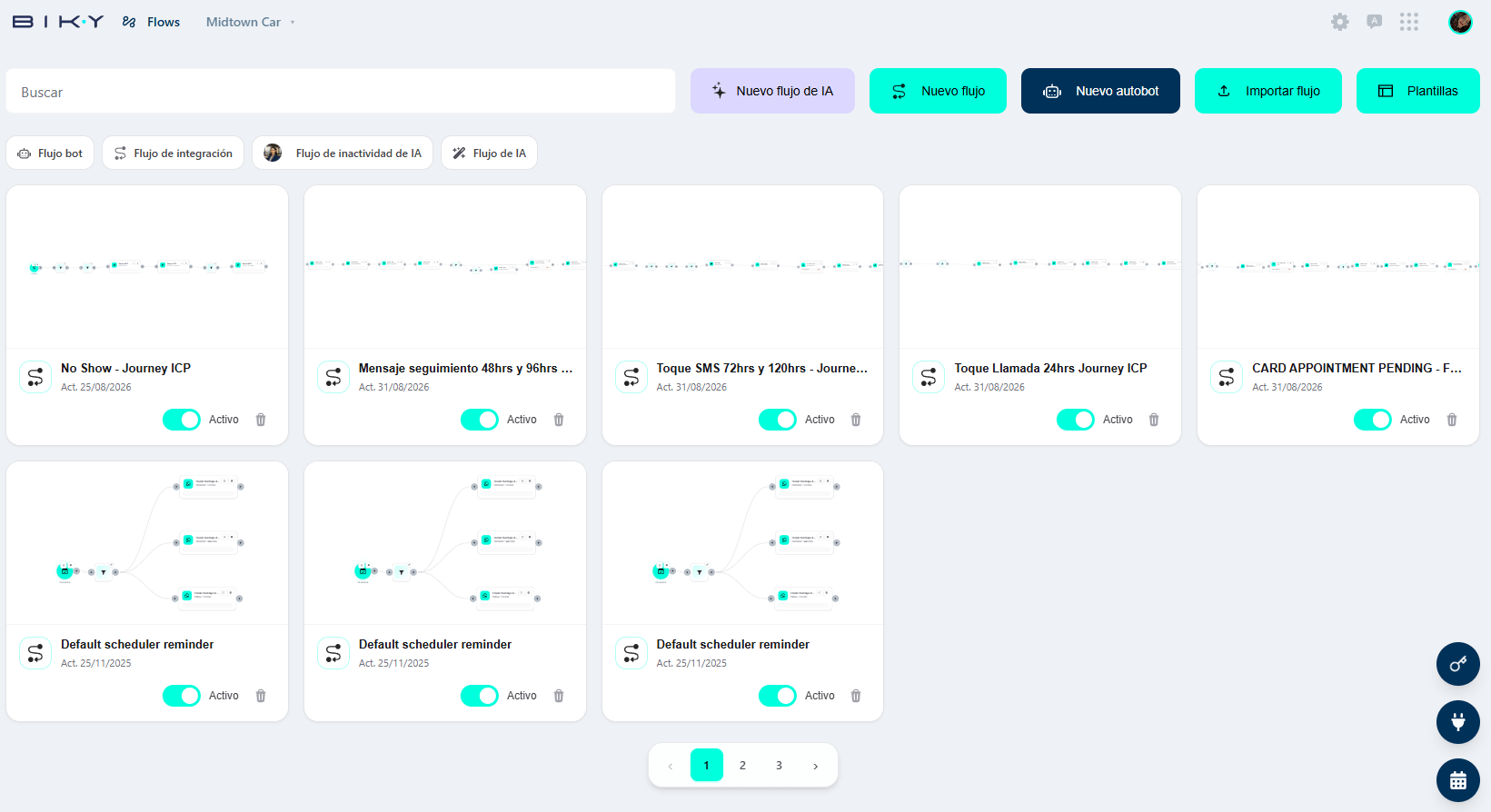 Flow list with search, buttons to create and import, type filters and cards with a board preview