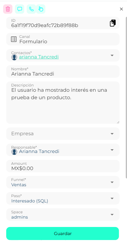 SalesCard panel with the main fields and the Organization, Marketing, Billing, Products and Activities sections