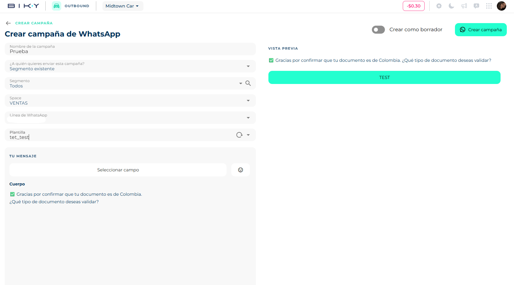 Create WhatsApp campaign form with name, audience, space, line and template, and the preview on the right