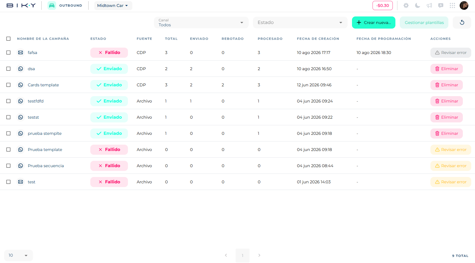 Outbound campaign list with the channel and status filters, the Create new and Manage templates buttons, and the table