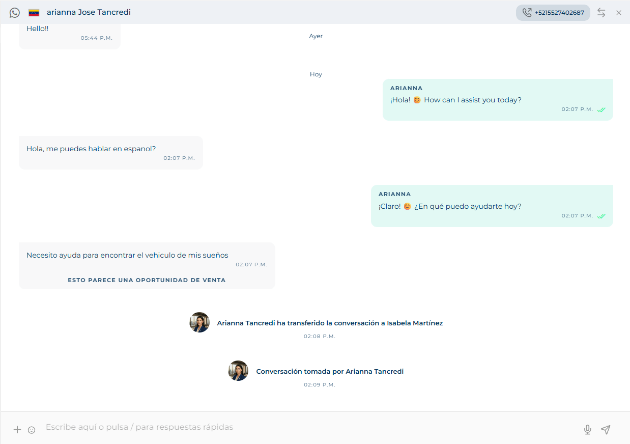Open conversation with the header, messages and the composer with its media buttons