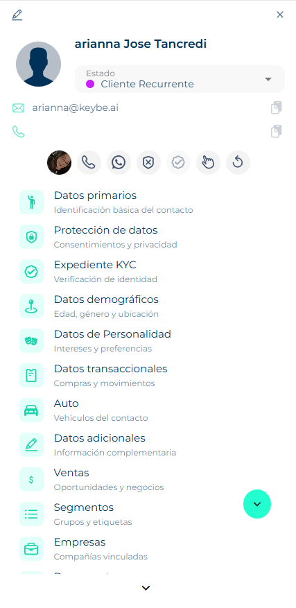 Contact card with the action bar at the top and the collapsible data sections