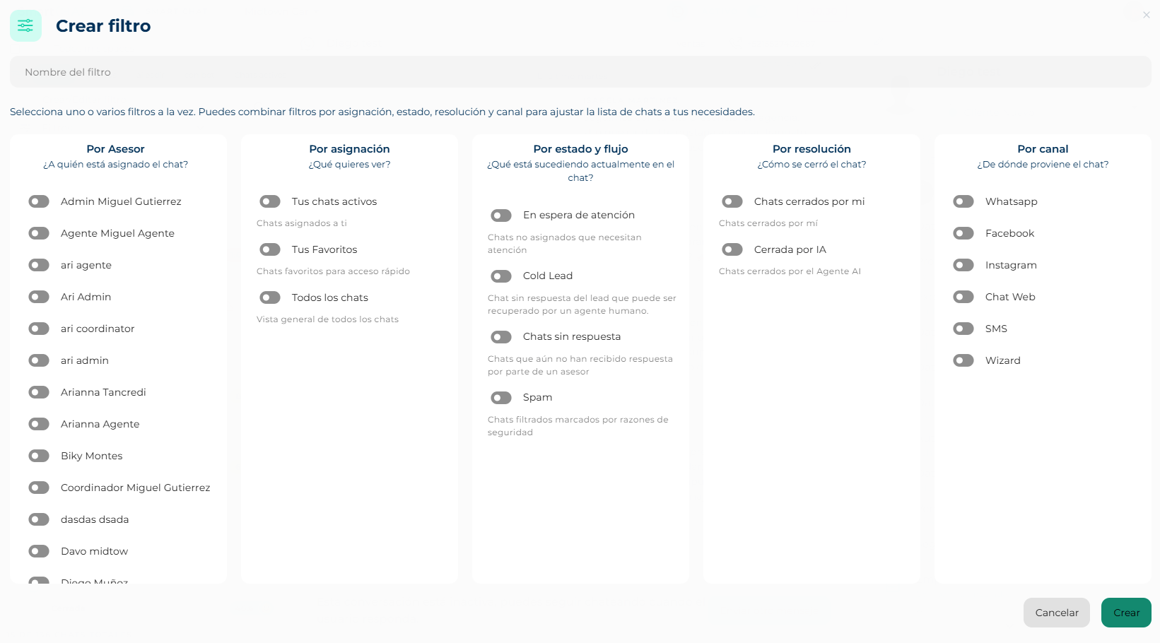 Chat filters panel with the By advisor, By assignment, By status and flow, By resolution and By channel sections