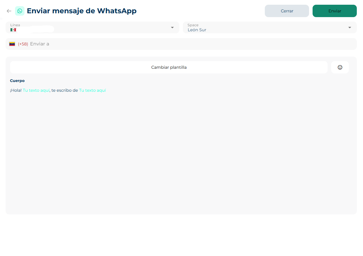 Send WhatsApp message screen with the line and space selectors, the recipient and the chosen template