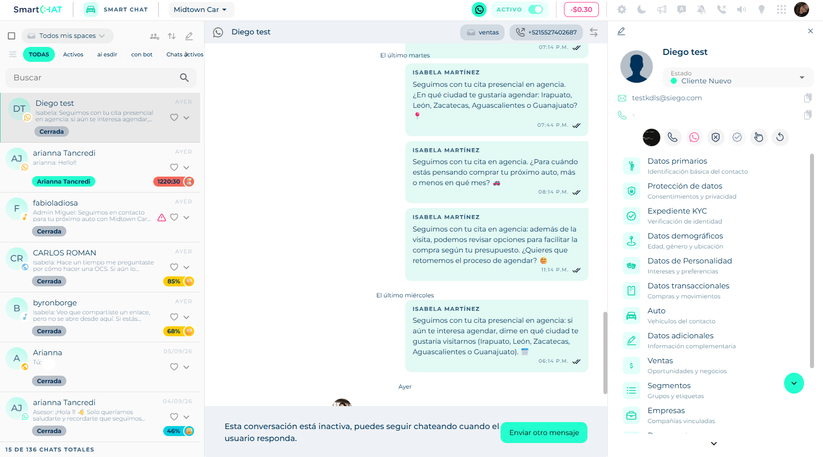 Smart Chat screen with the chat list on the left, the conversation in the center and the contact card on the right
